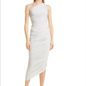 Norma Kamali Diana one-shoulder cinched midi dress. Fog color/Sz M. WORN ONCE!
